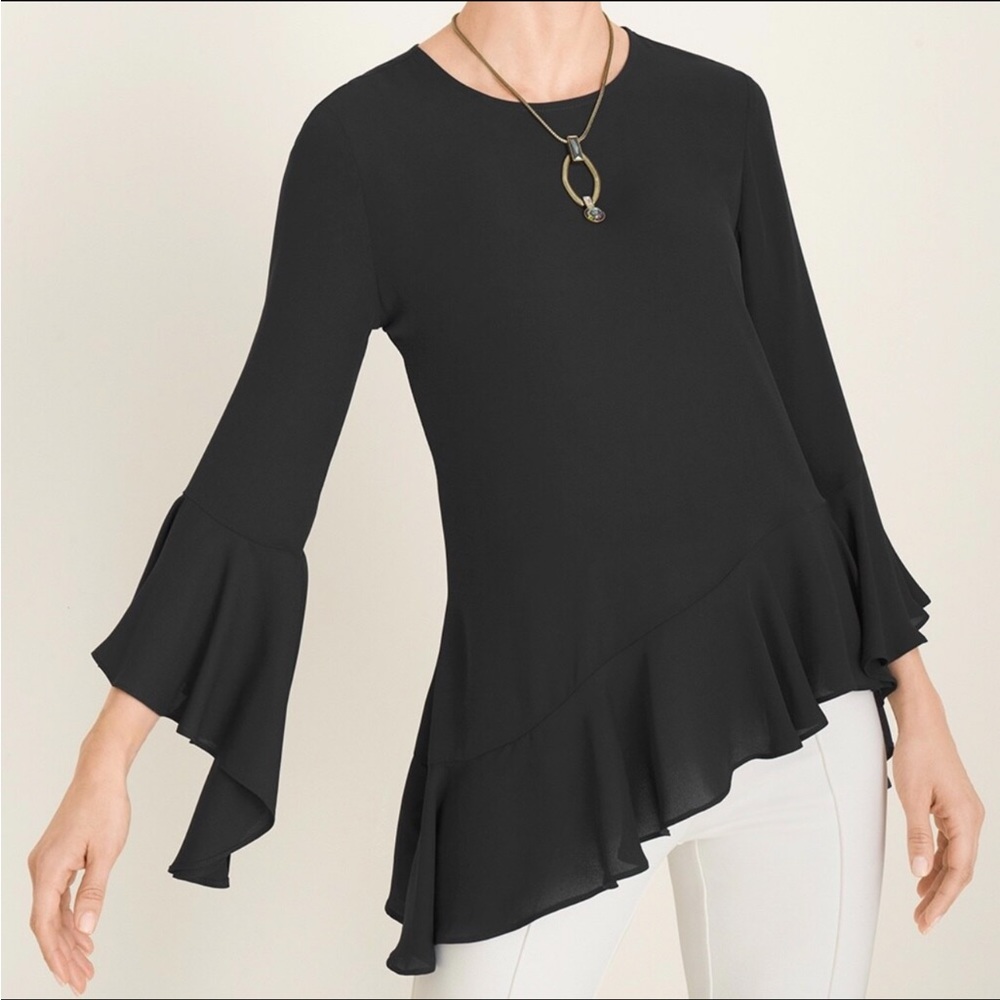 NWOT CHICO’S Asymmetrical beautiful flounce-hem black top. Size 4/6.